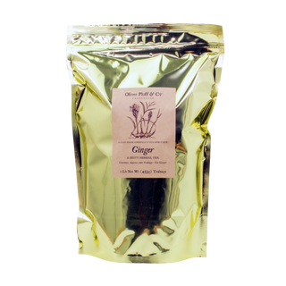 Gold foil 1 lb bag with ginger written on kraft paper label