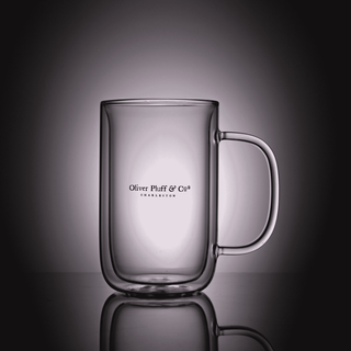 clear glass mug that reads 'oliver pluff & co' on grey background