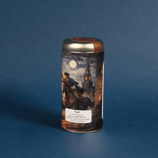 Coffee canister with decorative design on a blue background