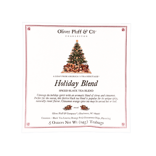 Oliver Pluff & Co. Holiday Blend Spiced Black Tea Blend packaging label, featuring a festive Christmas tree illustration on a white background with a thin red border.