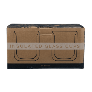 Box of insulated glass cups with 'Ethoz' branding on a transparent background