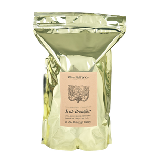 Gold foil 1 lb bag with irish breakfast written on kraft paper label