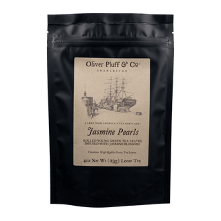 black reclosable bag with kraft paper label that reads 'oliver pluff & co' jasmine pearls