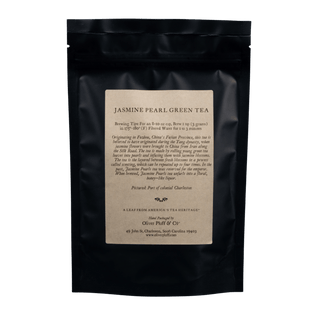 black reclosable bag with kraft paper label that reads 'oliver pluff & co' jasmine pearls