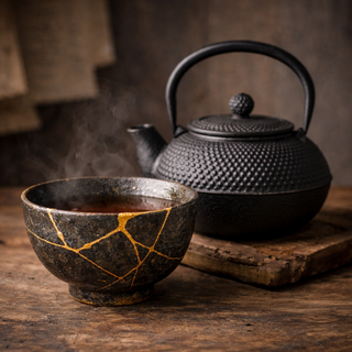 kintsugi bowl with cast iron teapot in background sitting on wooden block