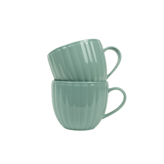 2 blue/green ribbed tea cups on white background 