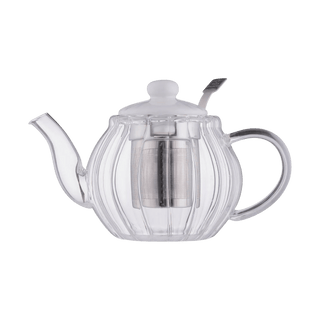 Clear glass teapot with metal infuser on a transparent background