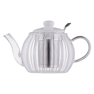 clear glass teapot with ribbed design on a white background