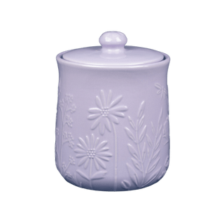 light purple stoneware storage jar with embossed floral design and lid with handle on top 