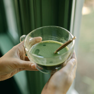 hands holding cup of brewed matcha in front of a window