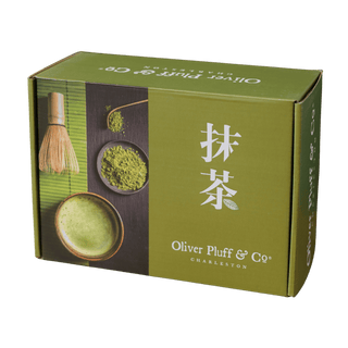Oliver Pluff & Co. Matcha Gift Set box in green packaging with matcha bowl, whisk, and powdered matcha imagery