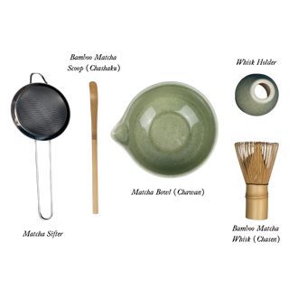 ceramic bowl, bamboo whisk, whisk holder, matcha scoop, and stainless steel sifter on clear background