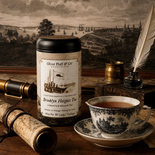 Tea canister labeled 'Oliver Pluff & Co' with a cup and saucer on a wooden table with a vintage landscape in the background.