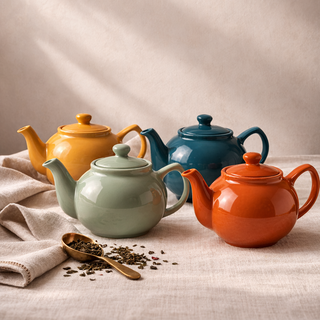 Four colorful teapots on a table with a spoonful of tea leaves.