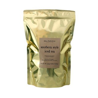 Gold packaging of southern style iced tea with a label on a white background