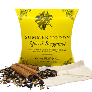 Spiced Bergamot cocktail spice bag with cinnamon sticks and tea leaves on a white background