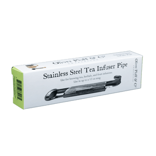A boxed stainless steel tea infuser pipe by Oliver Pluff & Co., shown in its white retail packaging with a bright yellow-green side panel, photographed on a solid green background.