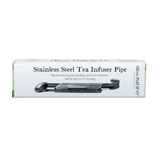A white rectangular product box for a stainless steel tea infuser pipe, shown against a solid dark green background. The box features black text and a graphic of the black metal infuser tool.