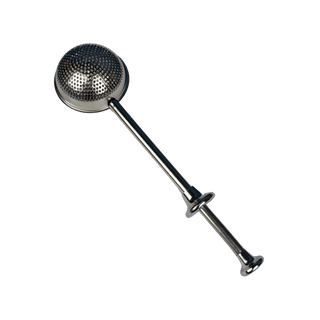 A polished stainless steel tool with a spherical perforated head and a long handle, shown diagonally against a solid green background.