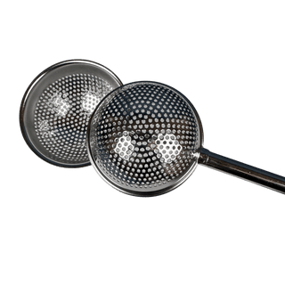 stainless steel tea strainer with perforated round mesh head and long handles, shown on a solid green background.